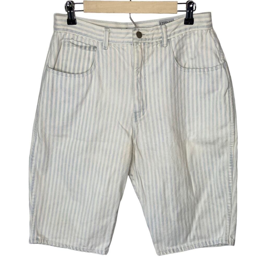 Vintage Stefano Blue Striped Long Bermuda Jean Shorts - Women's Size 18
